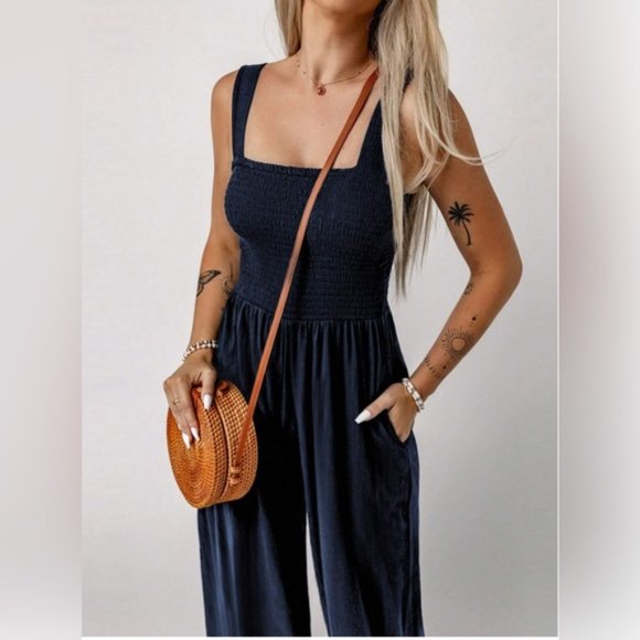 Shirred Navy Blue Wide Leg Jumpsuit With Pockets - Picture 3 of 5